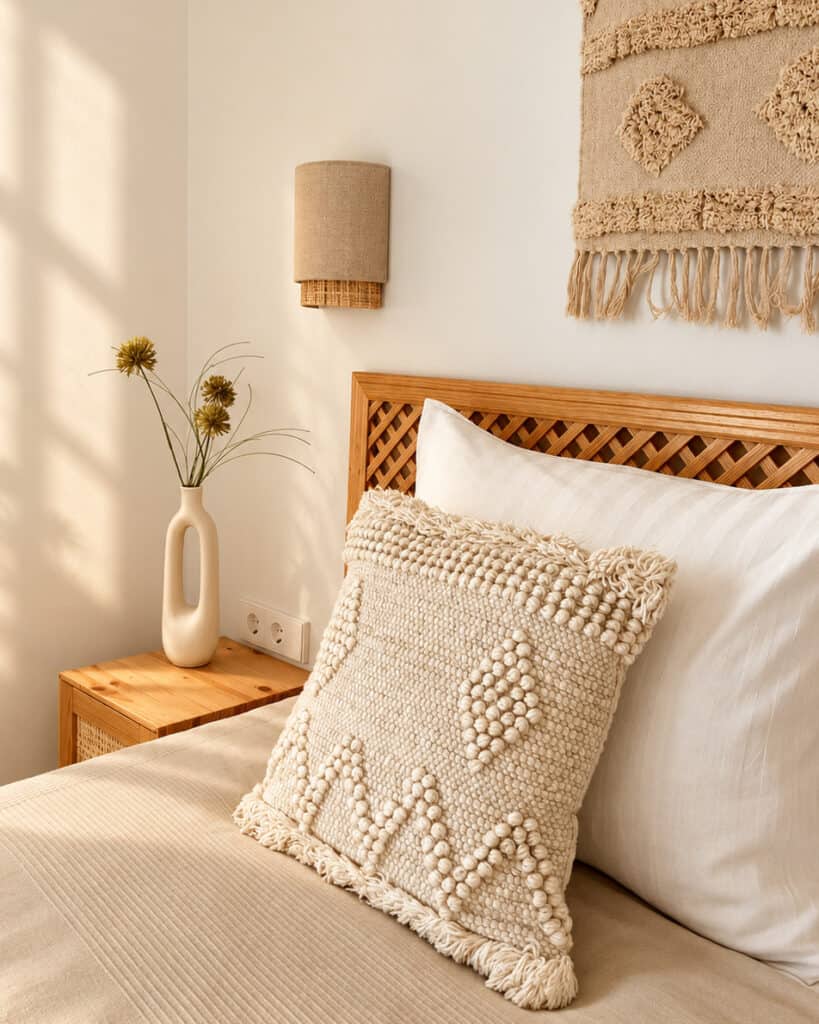 Bed met houten hoofdbord, geweven kussen en wandkleed