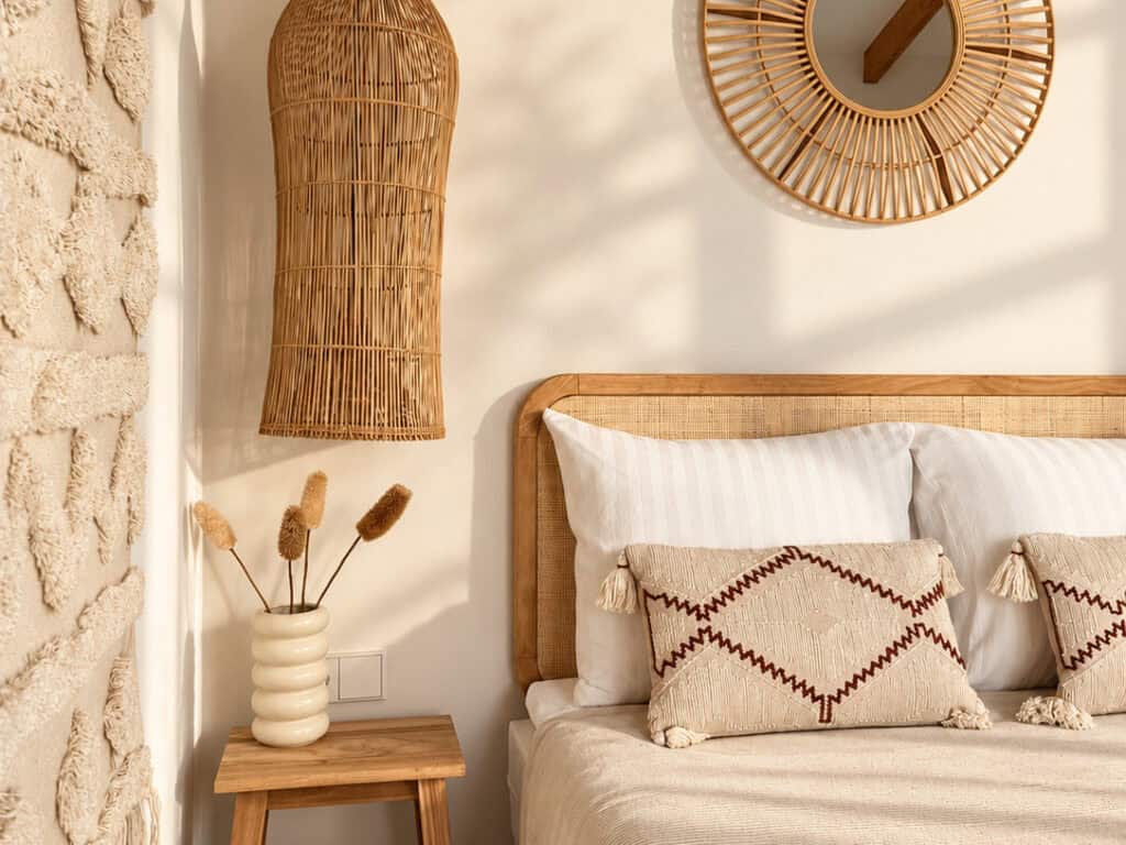Slaapkamer met wandkleed, gevlochten hoofdbord en een strohoed op het bed